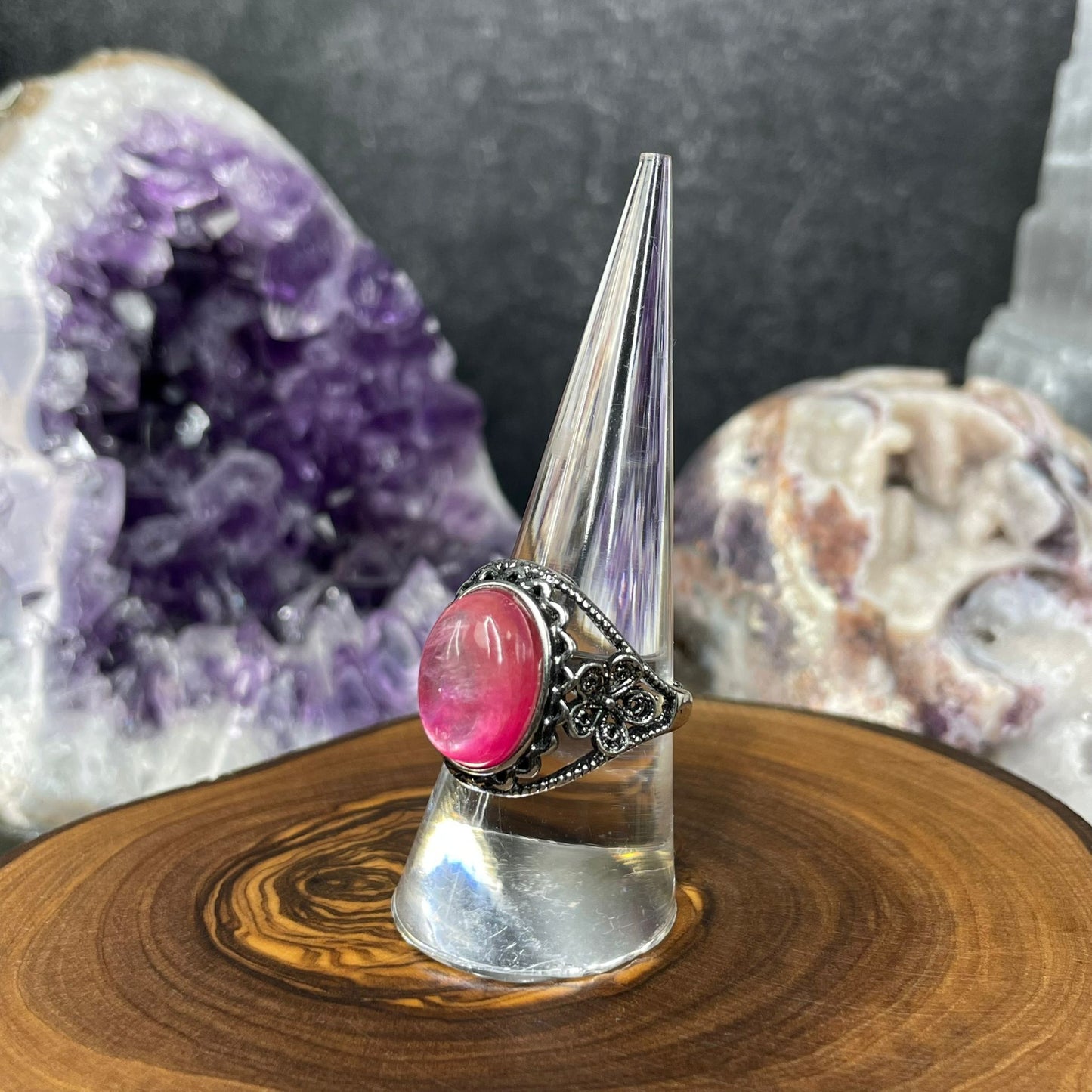 Adjustable Pink Mica Crystal Silver Plated Ring