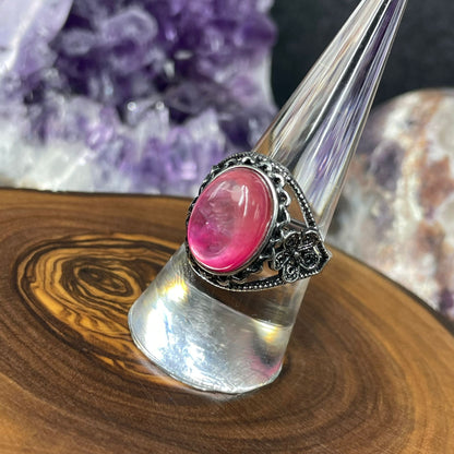 Adjustable Pink Mica Crystal Silver Plated Ring