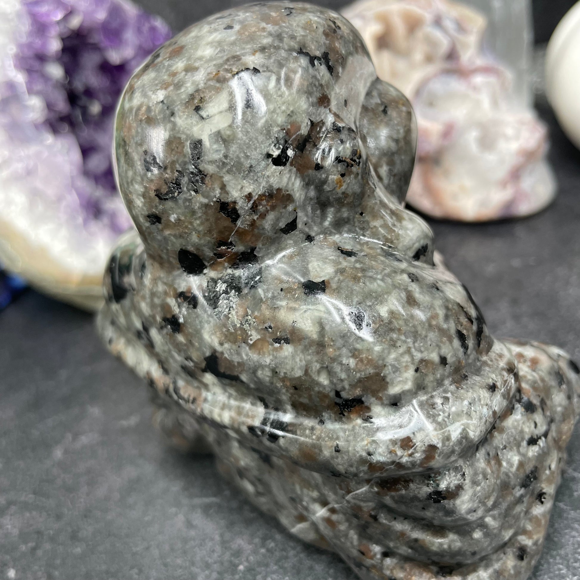 Yooperlite Crystal Laughing Buddha Carving