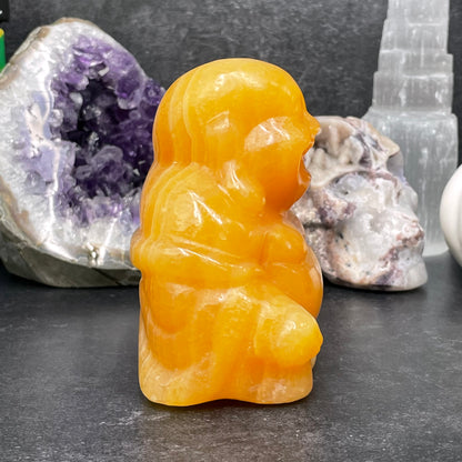 Large Yellow Calcite Crystal Laughing Buddha Carving