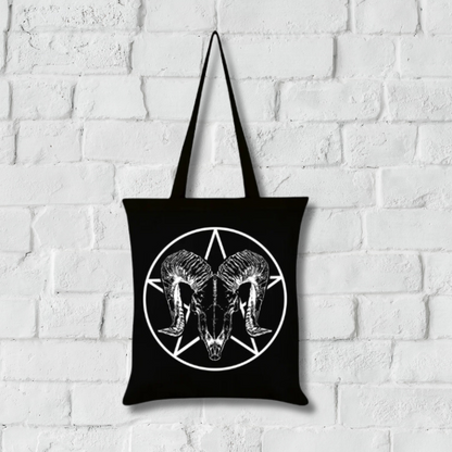 Ram Skull Pentagram Black Tote Bag