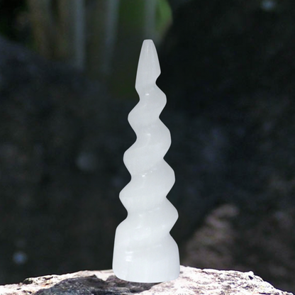 Selenite Spiral Unicorn Horn Tower