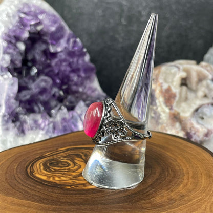 Adjustable Pink Mica Crystal Silver Plated Ring