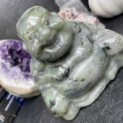 Large Labradorite Crystal Laughing Buddha Carving