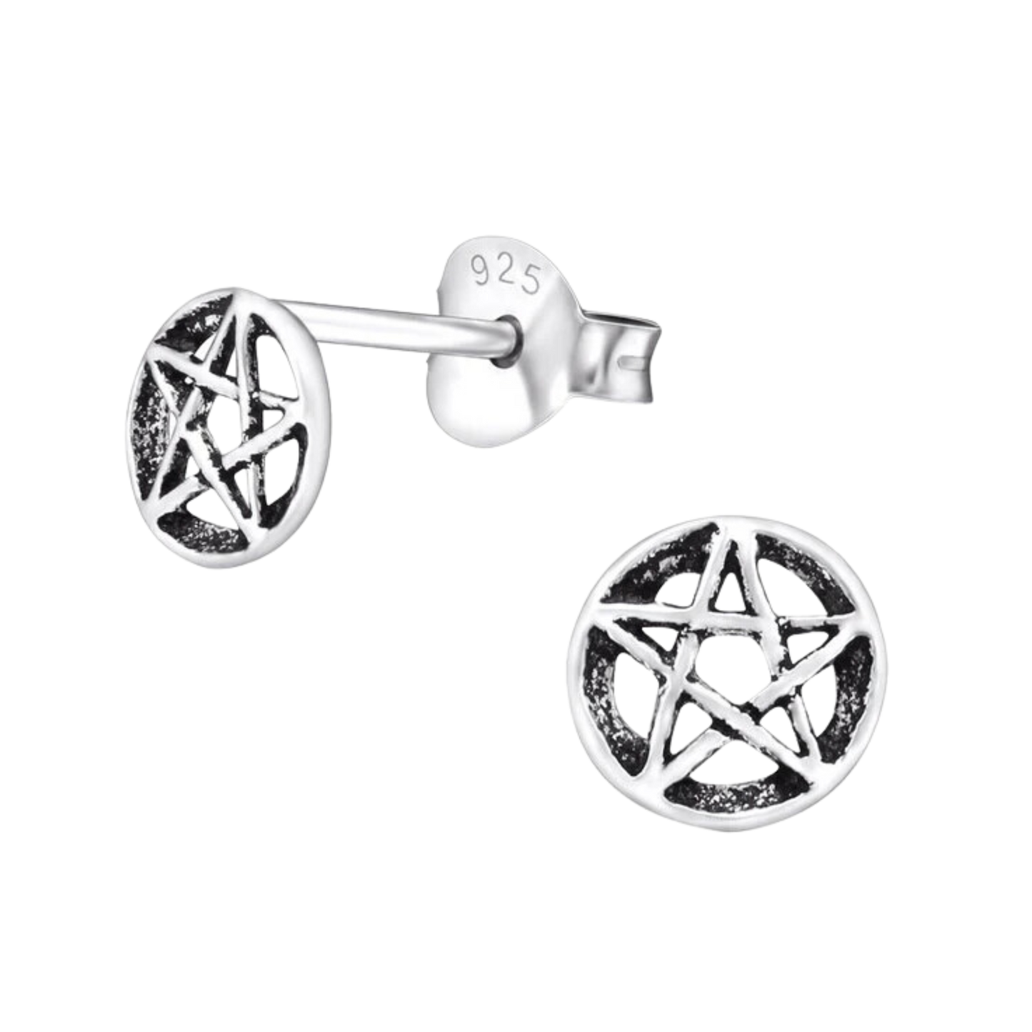 925 Sterling Silver Pentagram Disc Stud Earrings