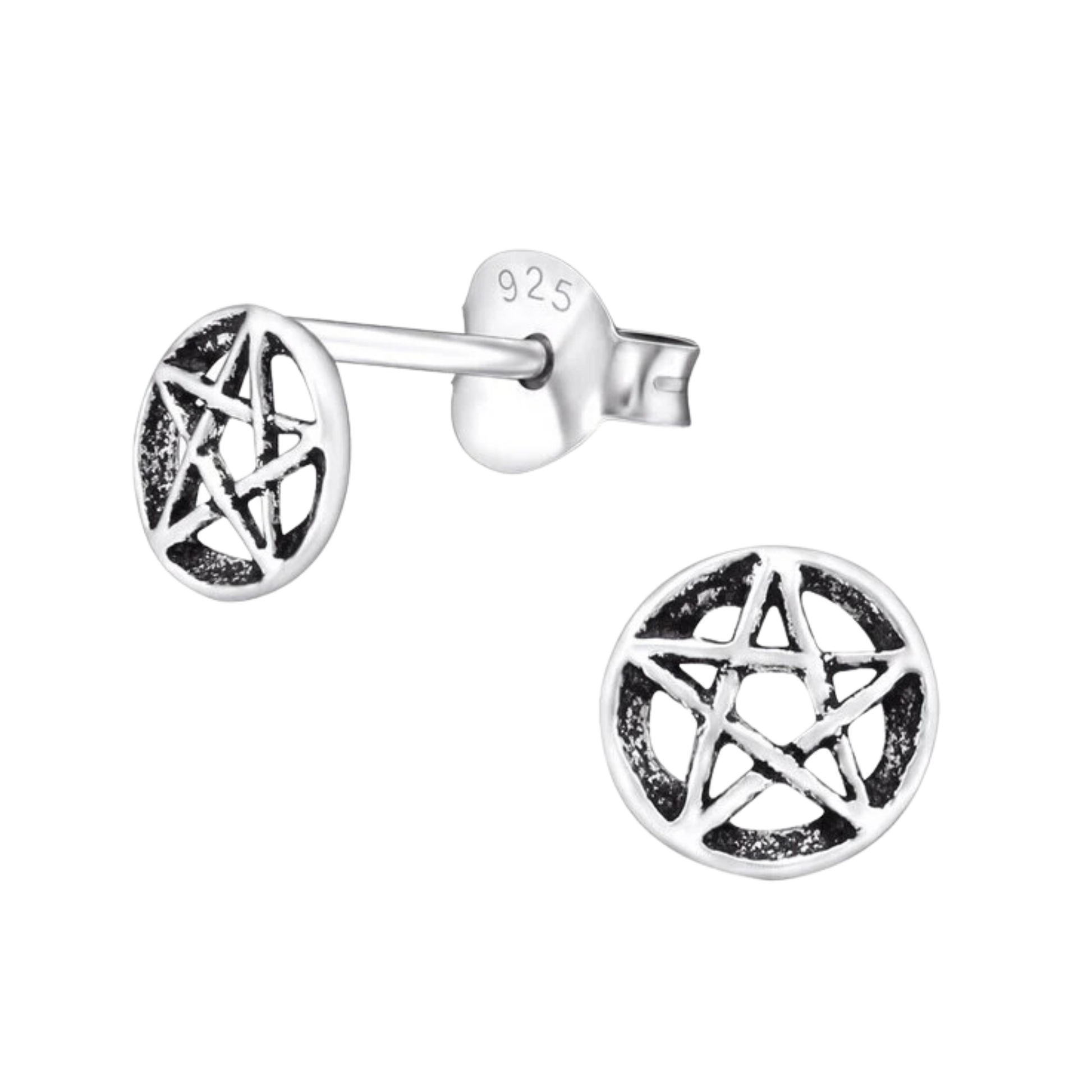 925 Sterling Silver Pentagram Disc Stud Earrings