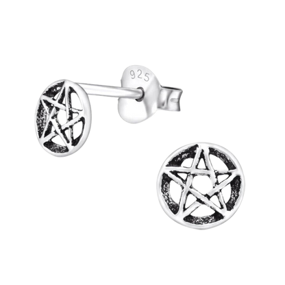 925 Sterling Silver Pentagram Disc Stud Earrings
