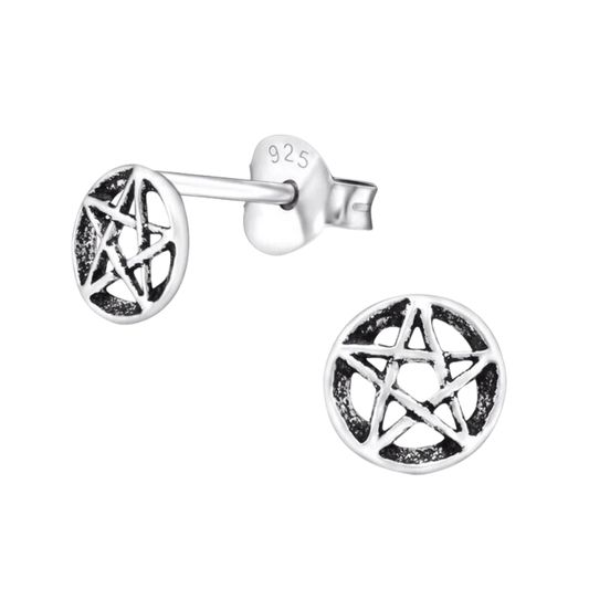 925 Sterling Silver Pentagram Disc Stud Earrings