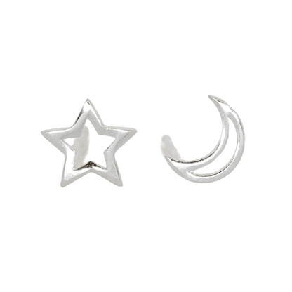 925 Sterling Silver Tiny Moon & Star Stud Earrings