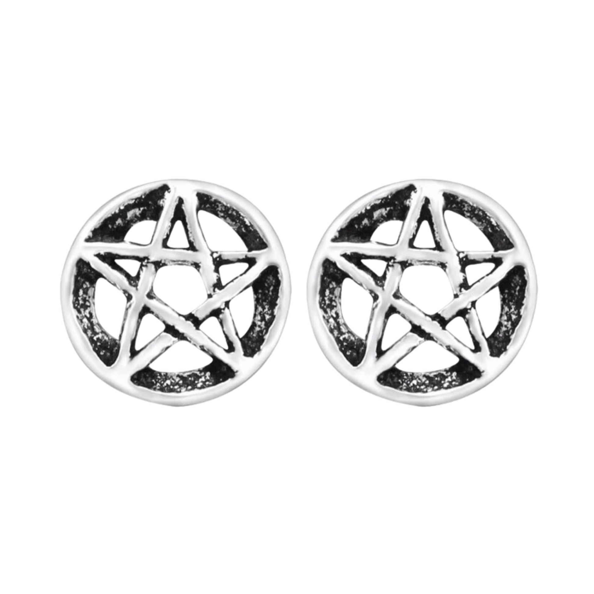 925 Sterling Silver Pentagram Disc Stud Earrings