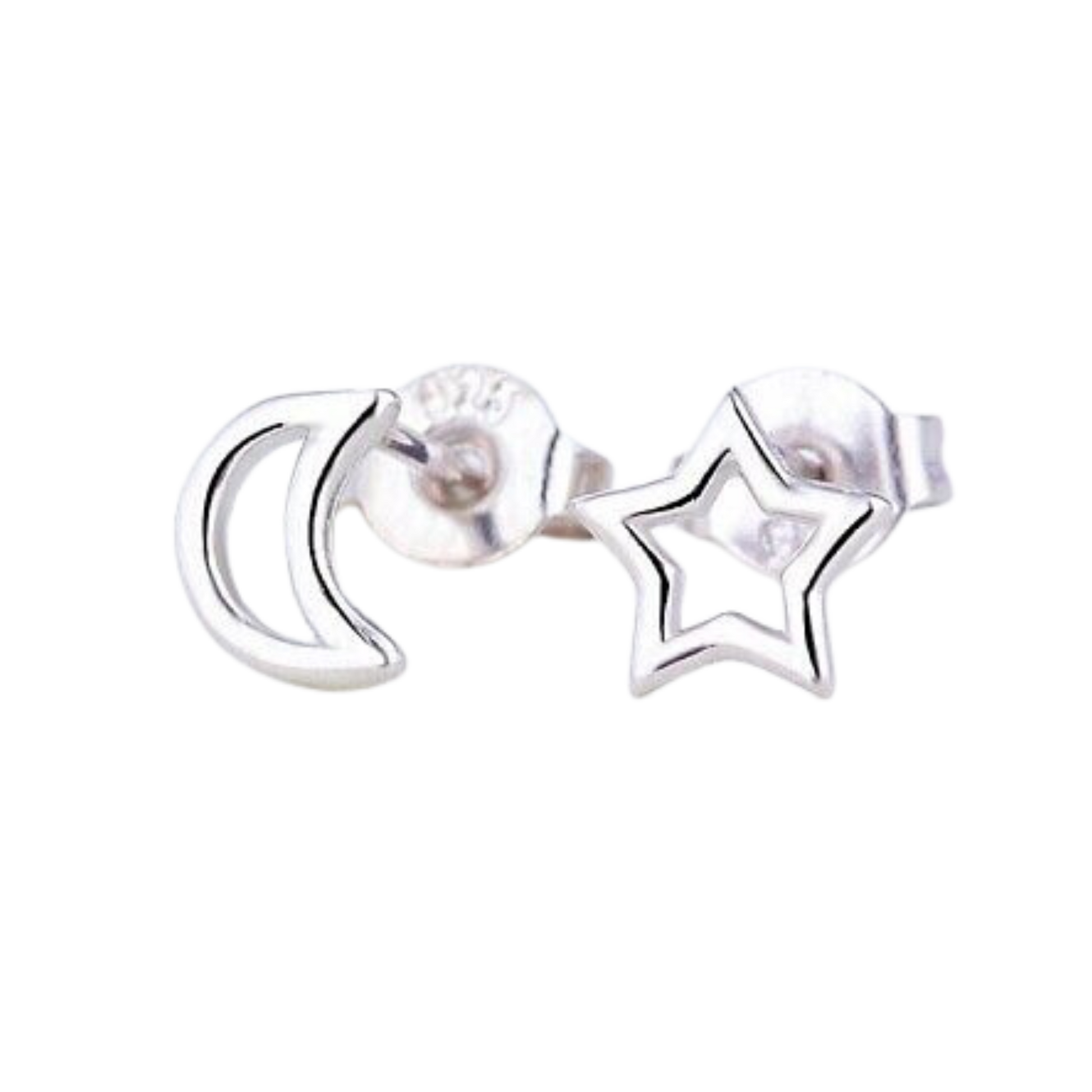 925 Sterling Silver Tiny Moon & Star Stud Earrings