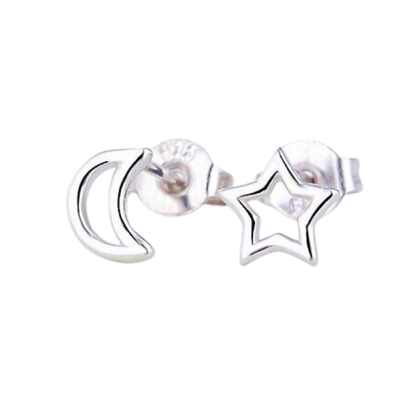 925 Sterling Silver Tiny Moon & Star Stud Earrings