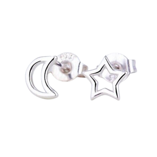 925 Sterling Silver Tiny Moon & Star Stud Earrings