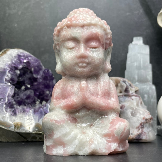Large Pink Opal Crystal Buddha Carving