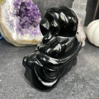 Large Black Obsidian Crystal Laughing Buddha Carving