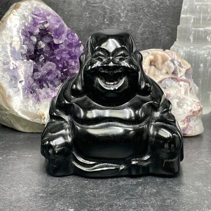 Large Black Obsidian Crystal Laughing Buddha Carving
