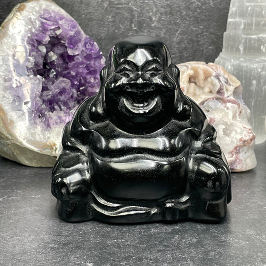 Large Black Obsidian Crystal Laughing Buddha Carving