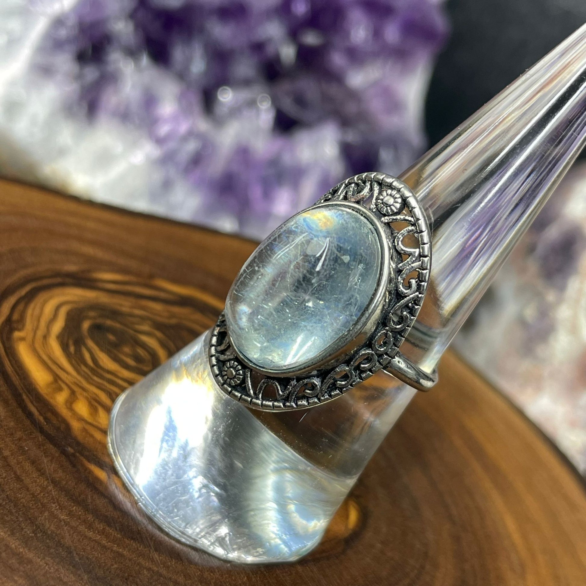 Adjustable Aquamarine Crystal Silver Ring 