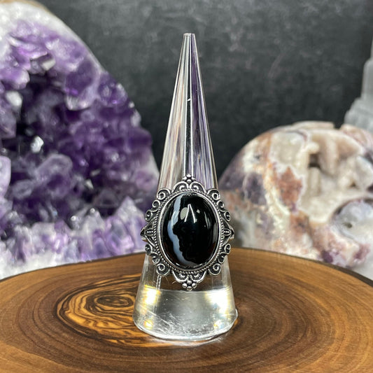 Adjustable Black Agate Crystal Silver Plated Ring