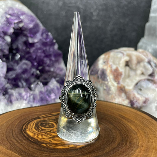 Adjustable Blue Tiger's Eye Crystal Silver Plated Ring