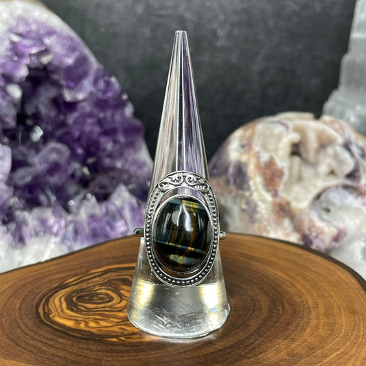 Adjustable Blue Tiger's Eye Crystal Silver Plated Ring
