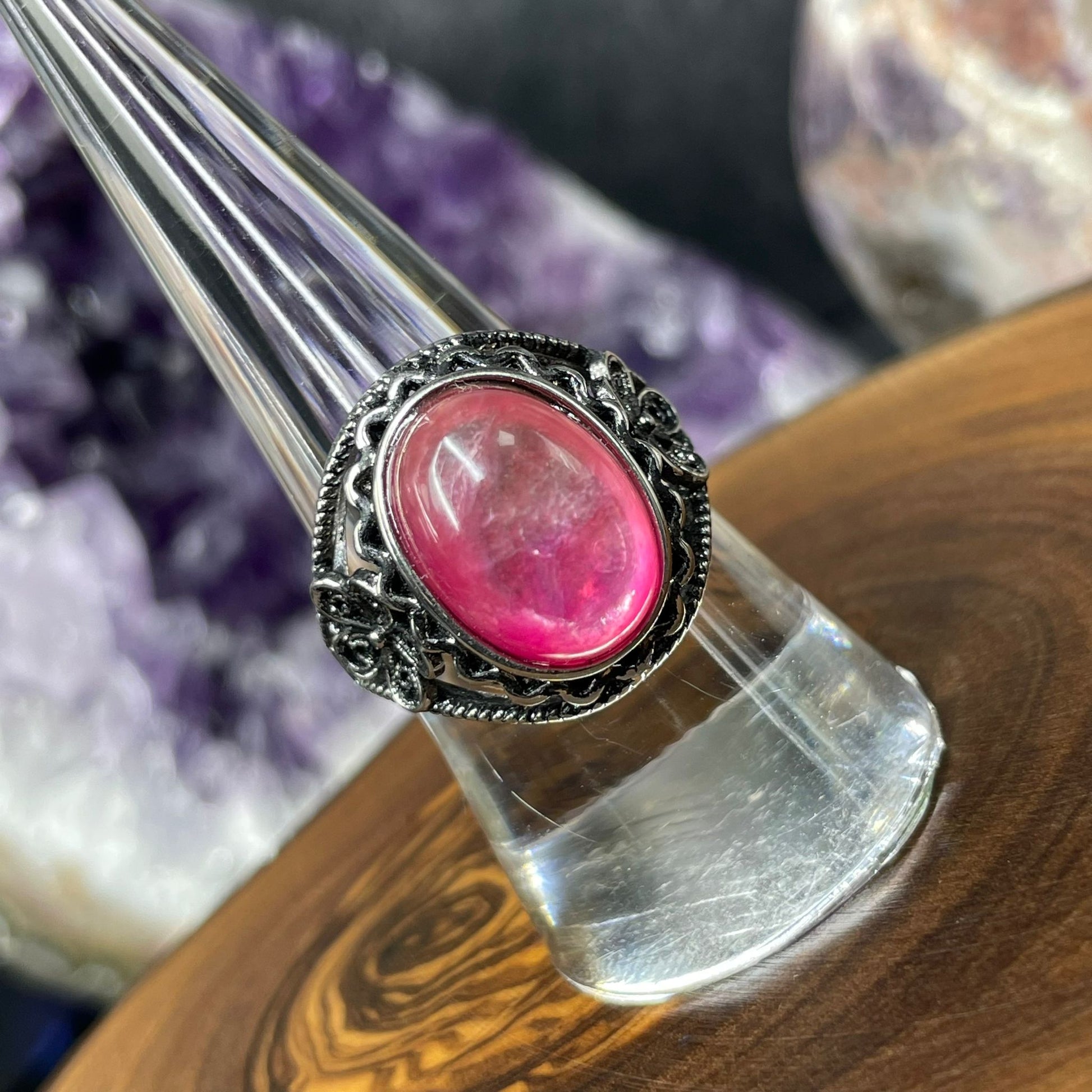 Adjustable Pink Mica Silver Plated Ring