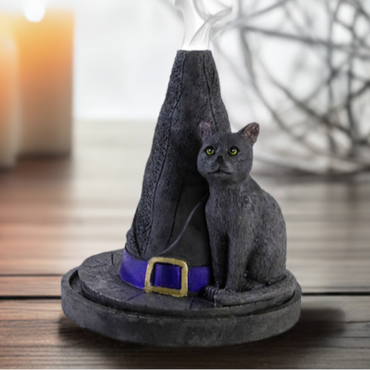 Black Witch Hat with Cat Incense Cone Burner