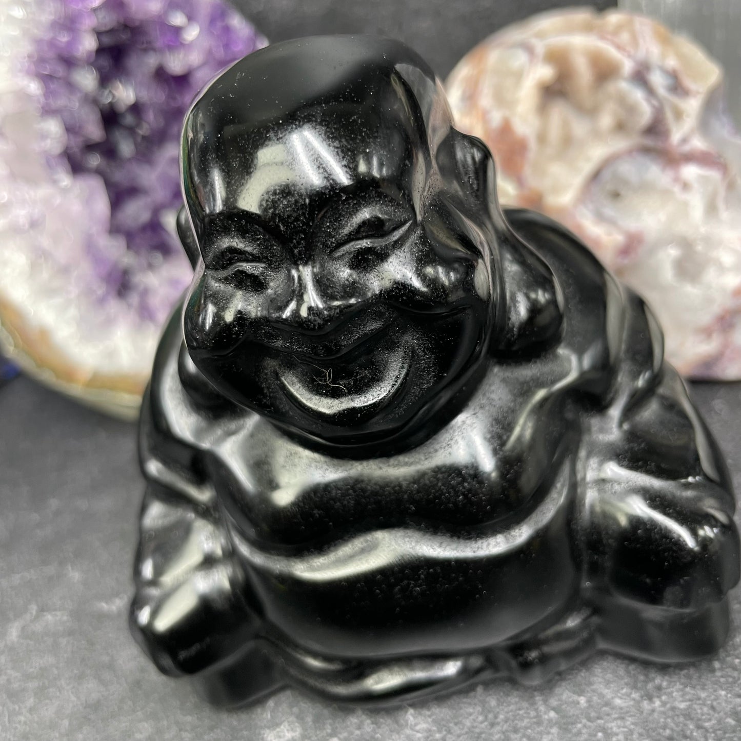 Large Black Obsidian Crystal Laughing Buddha Carving