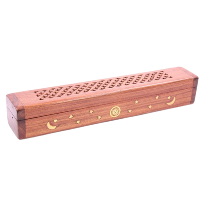 Celestial Sun, Moon & Stars Traditional Wooden Incense Burner Box
