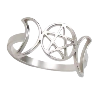 Triple Moon & Pentagram Silver Ring