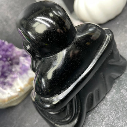 Large Black Obsidian Crystal Laughing Buddha Carving