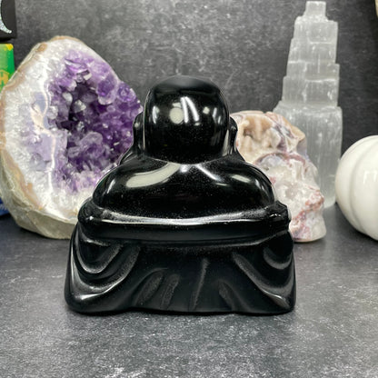 Large Black Obsidian Crystal Laughing Buddha Carving