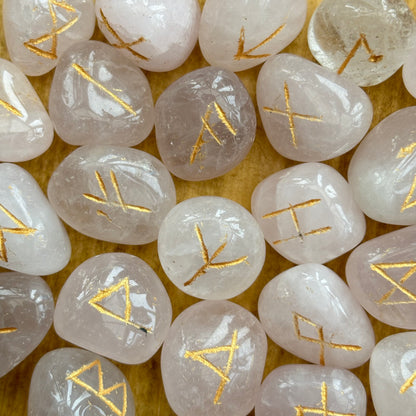 Complete Set of Rose Quartz Crystal Runes With Pouch