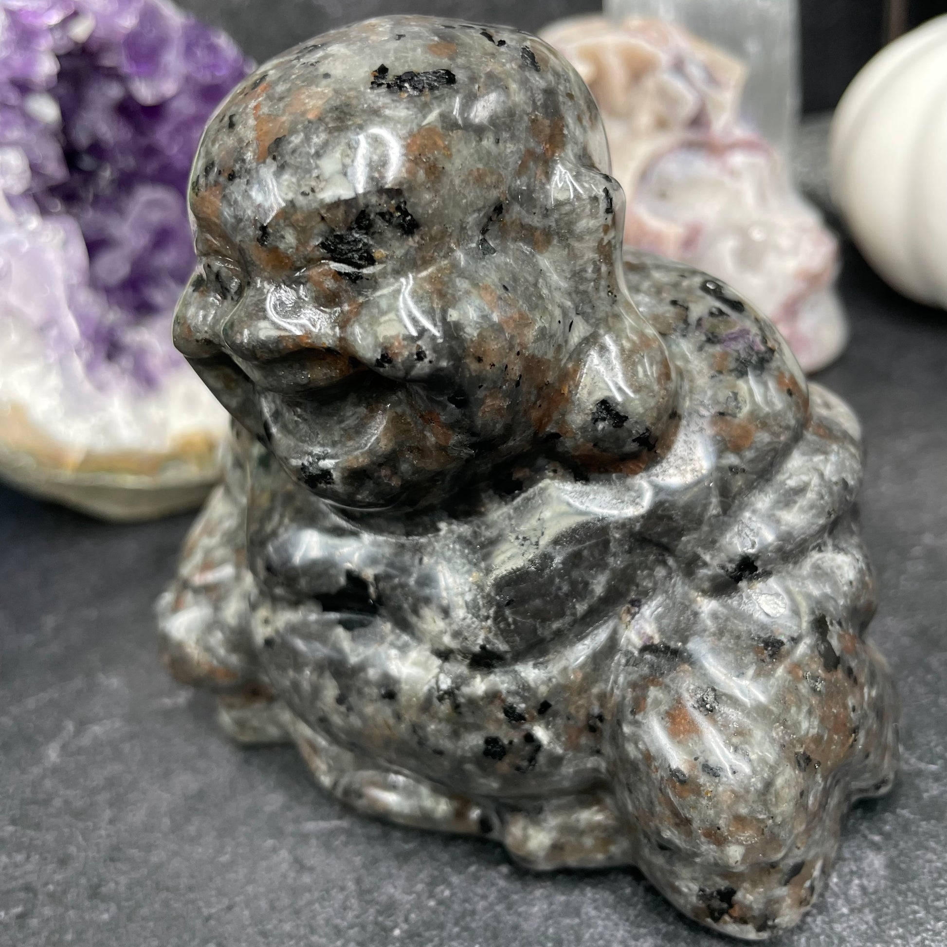 Yooperlite Crystal Laughing Buddha Carving