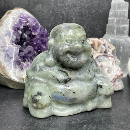 Large Labradorite Crystal Laughing Buddha Carving