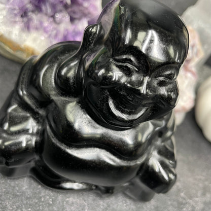 Large Black Obsidian Crystal Laughing Buddha Carving