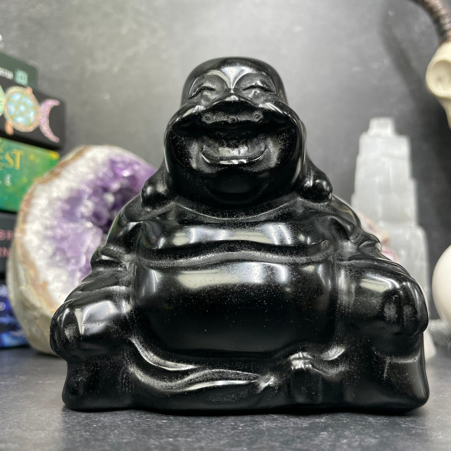 Large Black Obsidian Crystal Laughing Buddha Carving