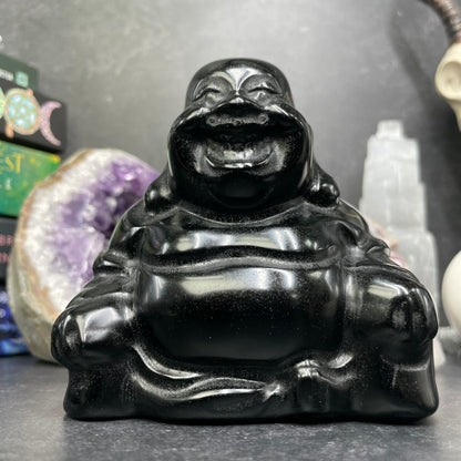 Large Black Obsidian Crystal Laughing Buddha Carving