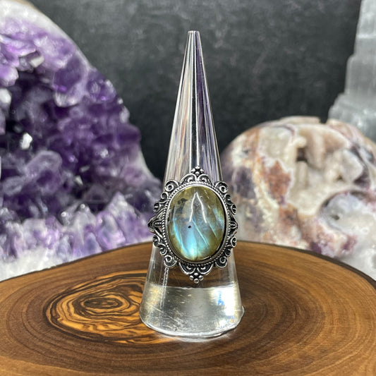 Adjustable Labradorite Crystal Silver Plated Ring