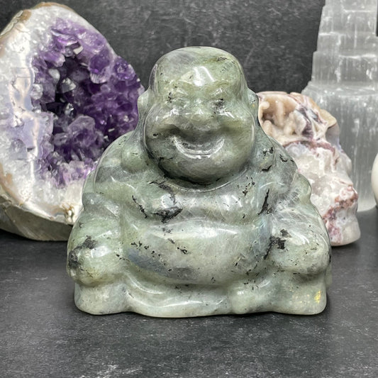 Large Labradorite Crystal Laughing Buddha Carving