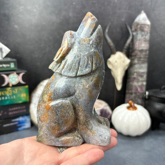 Large Mixed Moss Agate &amp; Ocean Jasper Wolf Carving