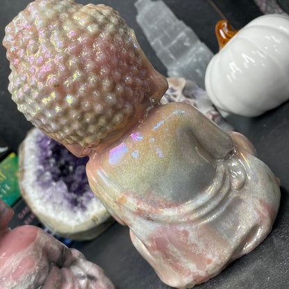 Large Pink Opal Aura Crystal Buddha Carving