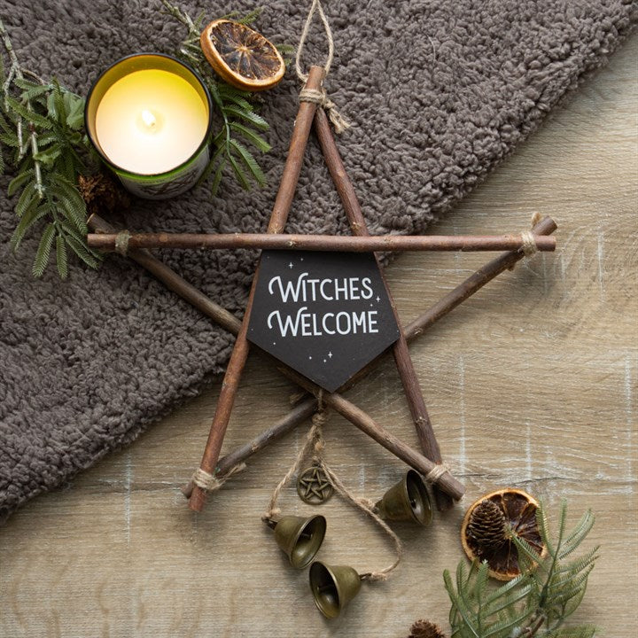 Large Witches Welcome Willow Pentagram Sign with Bells
