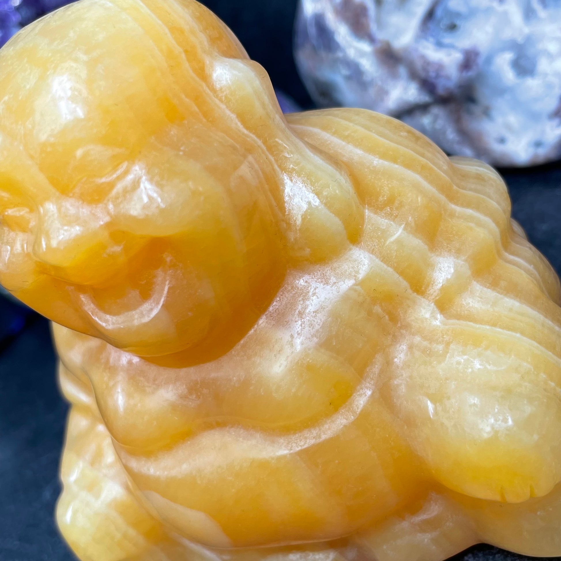 Large Yellow Calcite Crystal Laughing Buddha Carving