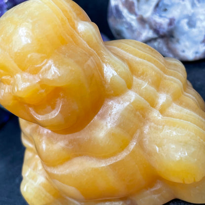 Large Yellow Calcite Crystal Laughing Buddha Carving