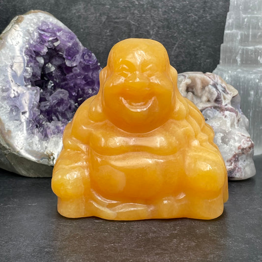 Large Yellow Calcite Crystal Laughing Buddha Carving