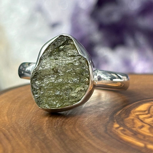 Moldavite Crystal 925 Sterling Silver Ring - UK Size R