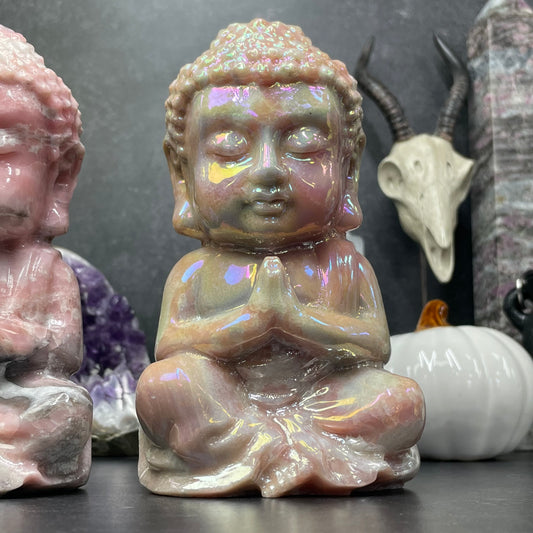 Large Pink Opal Aura Crystal Buddha Carving