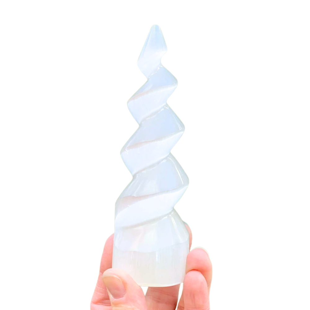 Selenite Crystal Spiral Unicorn Horn Tower