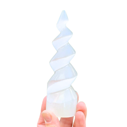 Selenite Crystal Spiral Unicorn Horn Tower
